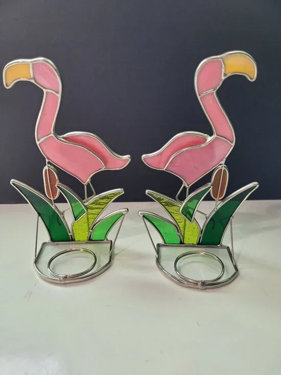 Stained Glass Flamingo Candle Holders Pink & Green 8 Inches Tall Set Of 2 - Picture 5 of 7